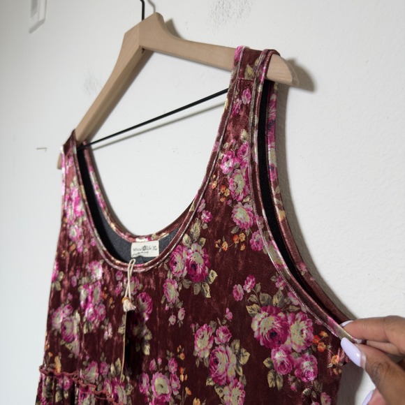 NEW Natural Life Women Velvet Floral Tiered Maxi Dress XL Burgundy Bohemian - Picture 4 of 12